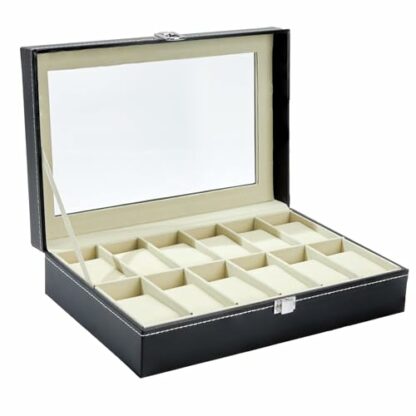 Ohuhu Watch Box, 12 Slot Watch Case for Men with Glass Lid, PU Leather Watch Holder with Velvet Pillows, Watch Storage Box for Men and Women, Gift Idea for Birthday Father's Day Valentine's Day - Image 2