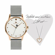 RADLEY Heart Dial Ladies Silver Stainless Steel Mesh Strap Contrast Hand Watch with Heart Necklace RY4411A