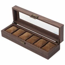 READAEER Vintage Watch Holder Box, Faux Wood Grain Pu Leather Watch Case, Dustproof Watch Case with Crystal Clear Display Window, Soft Removable Cushion, Vintage Metal Clip Lock.