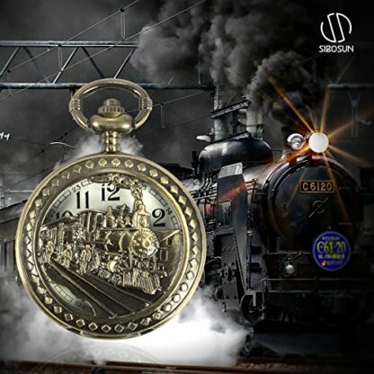 SIBOSUN 3D Steam Train Design Half Hunter Pocket Watch with Chain Quartz Movement for Men Women - Image 3