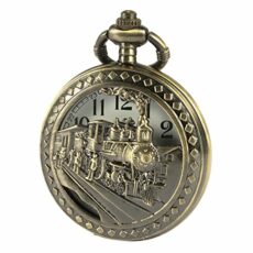 SIBOSUN 3D Steam Train Design Half Hunter Pocket Watch with Chain Quartz Movement for Men Women