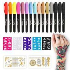 Temporary Tattoos Tattoo Pens for Skin Temporary Multi-colored Face Paint Tattoo Markers with 15 Tattoo Pens 5 Tattoo Stencils and 2 Tattoos Stickers for Girls Boys Teenage Adults Christmas Gifts