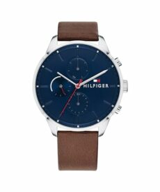 Tommy Hilfiger Men's Analogue Multifunction Quartz Watch - Brown Leather Strap, 44mm Navy Dial, 3-Hand Movement, Water Resistant 5ATM - 1791487