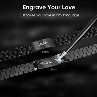 VNOX Engraved Daddy Gifts Mens Bracelets : Custom Masculine Link Bracelet Black Stainless Steel Personalised DAD Link Chain Bracelet Birthday Christmas Father Day Jewelry Gift for Men DAD Father - Image 4