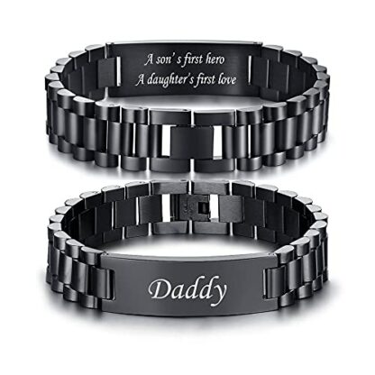 VNOX Engraved Daddy Gifts Mens Bracelets : Custom Masculine Link Bracelet Black Stainless Steel Personalised DAD Link Chain Bracelet Birthday Christmas Father Day Jewelry Gift for Men DAD Father - Image 2