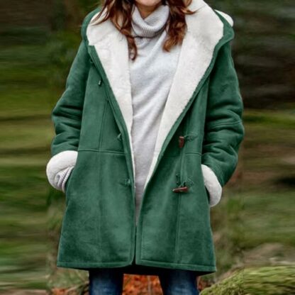 Women Coats Winter Plus Size Ladies Fleece Lined Distressed Jacket Hoodies Pocket Woolen Horn Button Casual Warm Jacket Trench Coats Windbreak Thicken Faux Suede Hooded Overcoats 3 Women Coats Winter Plus Size Ladies Fleece Lined Distressed Jacket Hoodies Pocket Woolen Horn Button Casual Warm Jacket Trench Coats Windbreak Thicken Faux Suede Hooded Overcoats - Image 3