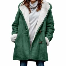 Women Coats Winter Plus Size Ladies Fleece Lined Distressed Jacket Hoodies Pocket Woolen Horn Button Casual Warm Jacket Trench Coats Windbreak Thicken Faux Suede Hooded Overcoats