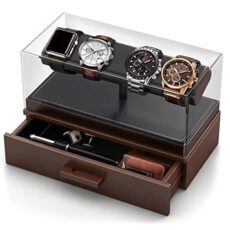 Zavoko Wooden Watch Display Box For Men - Watch Holder Case/Stand With PU Leather Padding & Velvet Storage Organizer/Drawer (Rings, Jewelry, etc)