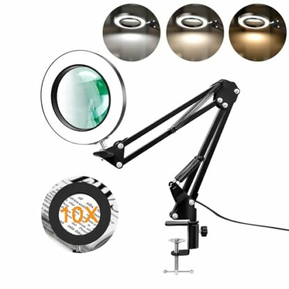 10X Magnifier Desk Lamp, 2-in-1 LED Magnifying Glass with Light and Clamp, Hands-Free Lighted Magnifier with 3 Color Modes for Craft Hobby Nail Repair Reading Close Works (Clamp) 2 10X Magnifier Desk Lamp, 2-in-1 LED Magnifying Glass with Light and Clamp, Hands-Free Lighted Magnifier with 3 Color Modes for Craft Hobby Nail Repair Reading Close Works (Clamp) - Image 2
