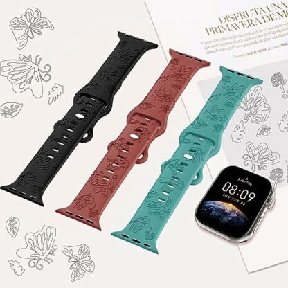 3 Pack Soft Silicone Bands - Floral Butterfly Engraved Smart Watch Waterproof Band - Compatible with Apple Watch Band Ultra 38mm 40mm 41mm 42mm 44mm 45mm 49mm for Women Men, Sport Strap for iWatch - Image 3