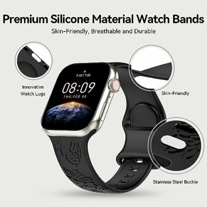 3 Pack Soft Silicone Bands - Floral Butterfly Engraved Smart Watch Waterproof Band - Compatible with Apple Watch Band Ultra 38mm 40mm 41mm 42mm 44mm 45mm 49mm for Women Men, Sport Strap for iWatch - Image 4