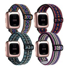 4 Pack Stretchy Bands Compatible with Fitbit Versa/Fitbit Versa Lite/Fitbit Versa 2 Bands Women Men, Adjustable Elastic Soft Loop Nylon Breathable Replacement Straps for Versa Smartwatch Wristband