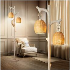 65" High Farmhouse Rustic Country Cottage Floor Lamp Tree Trunk Faux Wood Column White Washed Wicker Drum Shade Decor for Living Room Bedroom Reading Room