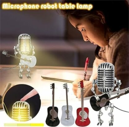 Ashopfun Vueeze Mic Rockbot,Sherum Mic Rockbot,Dotmalls Mic Rockbot,Retro Style Microphone Robot Table Lamp,Holding Guitare Vintage Night Light,MMicrophone Guitar Robot Lamp with Mini Guitar - Image 3