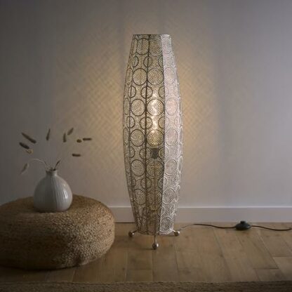 Aziza Moroccan Style Satin Nickel Floor Lamp | Intricate Cut-Out Design with Bulb Included | Decorative Lighting for Living Room, Bedroom, or Hallway - Image 3