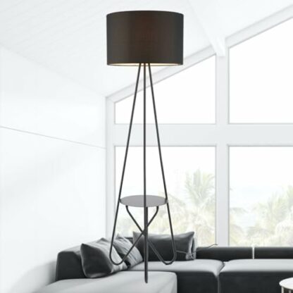 Black Floor Lamp Standing Light, Black Fabric Shade, Shelf Detail, Height 153cm - Image 4