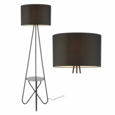 Black Floor Lamp Standing Light, Black Fabric Shade, Shelf Detail, Height 153cm