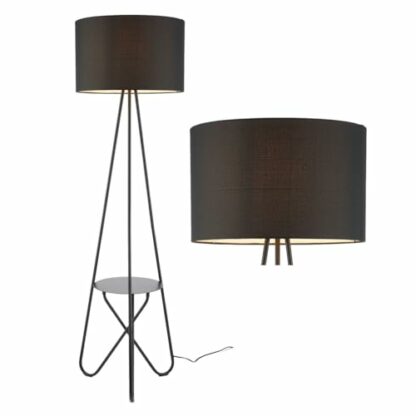 Black Floor Lamp Standing Light, Black Fabric Shade, Shelf Detail, Height 153cm - Image 2