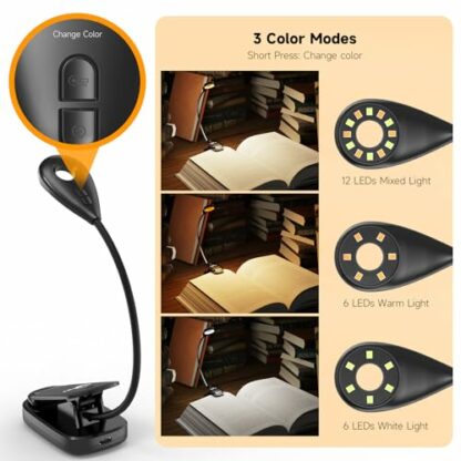 Book Lights for Reading in Bed, 12 LEDs Rechargeable Battery Clip Lamp with 3 Lighting Color, Stepless Dimming, Eye Protection, 80 Hours Runtime, 360° Flexible Gooseneck, Lightweight, Portable 3 Book Lights for Reading in Bed, 12 LEDs Rechargeable Battery Clip Lamp with 3 Lighting Color, Stepless Dimming, Eye Protection, 80 Hours Runtime, 360° Flexible Gooseneck, Lightweight, Portable - Image 3