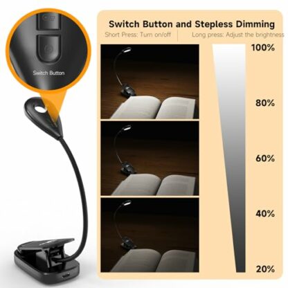 Book Lights for Reading in Bed, 12 LEDs Rechargeable Battery Clip Lamp with 3 Lighting Color, Stepless Dimming, Eye Protection, 80 Hours Runtime, 360° Flexible Gooseneck, Lightweight, Portable 4 Book Lights for Reading in Bed, 12 LEDs Rechargeable Battery Clip Lamp with 3 Lighting Color, Stepless Dimming, Eye Protection, 80 Hours Runtime, 360° Flexible Gooseneck, Lightweight, Portable - Image 4