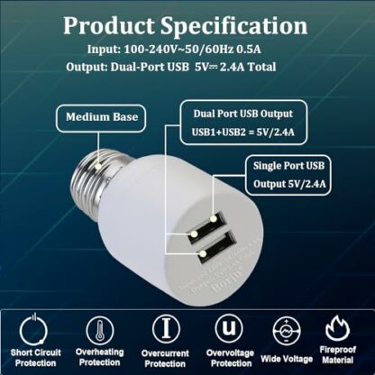 Borju Light Socket USB Adapter for Decorative Lights,Lighting,Security Camera,Mini Fan. Output DC 5V/2.4A Total,Dual Port - Image 3