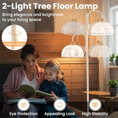 COSTWAY 2-Light Floor Lamp, Rotating Standing Lamp with Foot Switch, Woven Lampshades, E27 Bulb Bases & Metal Pole, Modern Tall Reading Light for Living Room Bedroom Office 3 COSTWAY 2-Light Floor Lamp, Rotating Standing Lamp with Foot Switch, Woven Lampshades, E27 Bulb Bases & Metal Pole, Modern Tall Reading Light for Living Room Bedroom Office - Image 3