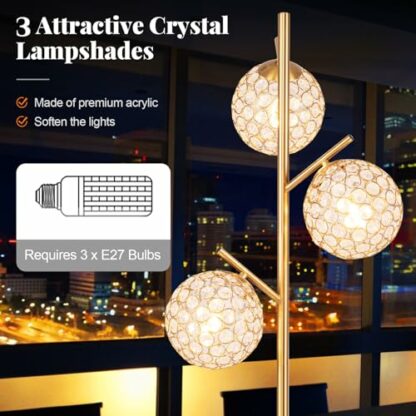 COSTWAY 3-Light Floor Lamp, Modern Standing Lamp with Foot Switch, Crystal-Like Acrylic Lampshades & Weighted Base, Tall Tree Floor Lighting for Living Room Bedroom Office Sofa, Bulbs Not Included - Image 3