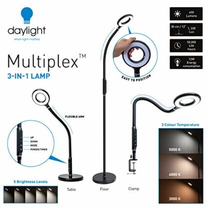 Daylight Multiplex 3-in-1 Lamp: Versatile Lighting for Living Room, Bedroom, Office - 5 Brightness, 3 Colors - Reading, Study, Nail Care - 12W, Black 3 Daylight Multiplex 3-in-1 Lamp: Versatile Lighting for Living Room, Bedroom, Office - 5 Brightness, 3 Colors - Reading, Study, Nail Care - 12W, Black - Image 3