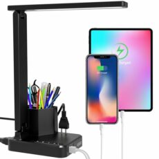 Desk Lamp,Desk Lamps for Home Office,COZOO LED Desk Lamp with 2 USB Charging Ports,2 Pen Holders,1 Outlet,3 Color 3 Brightness Levels,Touch/Memory/Timer,LED Desk Light Small Desk Lamp Kids Study Lamp