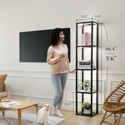 FENLO Fantasy - 66" Corner Display Shelf, LED Curio Cabinet, Standing Lamp Shelf for Living Room, Display Case with Glass Shelves, Lighting Bookshelf, Floor Lamp with Remote Control (Black) - Image 3