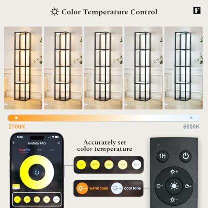 FENLO Fantasy - 66" Corner Display Shelf, LED Curio Cabinet, Standing Lamp Shelf for Living Room, Display Case with Glass Shelves, Lighting Bookshelf, Floor Lamp with Remote Control (Black) - Image 4