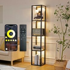 FENLO Fantasy - 66" Corner Display Shelf, LED Curio Cabinet, Standing Lamp Shelf for Living Room, Display Case with Glass Shelves, Lighting Bookshelf, Floor Lamp with Remote Control (Black)