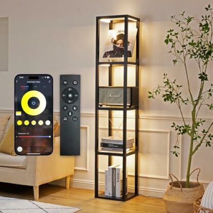 FENLO Fantasy - 66" Corner Display Shelf, LED Curio Cabinet, Standing Lamp Shelf for Living Room, Display Case with Glass Shelves, Lighting Bookshelf, Floor Lamp with Remote Control (Black) - Image 2