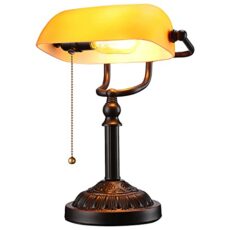 FYTSE Bankers Lamp with Pull Chain Switch Amber Glass Shade Desk Lamps Bronze Base UL Listed E26 Base Vintage Library Lamp for Office Study Room(Matted Orange)
