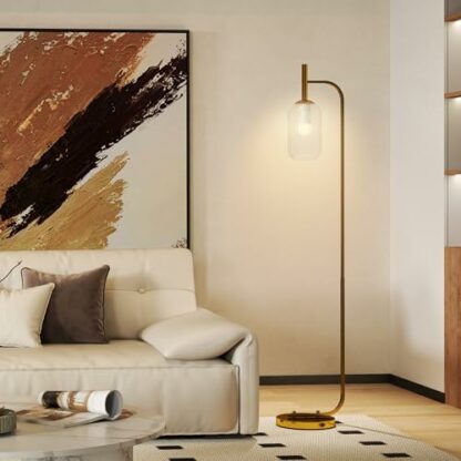 HOMCOM Floor Lamp for Living Room with Glass Lampshade, Modern Standing Lamp with Foot Switch for Bedroom, Bulb not Included, Gold Tone 3 HOMCOM Floor Lamp for Living Room with Glass Lampshade, Modern Standing Lamp with Foot Switch for Bedroom, Bulb not Included, Gold Tone - Image 3