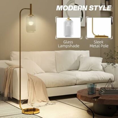 HOMCOM Floor Lamp for Living Room with Glass Lampshade, Modern Standing Lamp with Foot Switch for Bedroom, Bulb not Included, Gold Tone 4 HOMCOM Floor Lamp for Living Room with Glass Lampshade, Modern Standing Lamp with Foot Switch for Bedroom, Bulb not Included, Gold Tone - Image 4