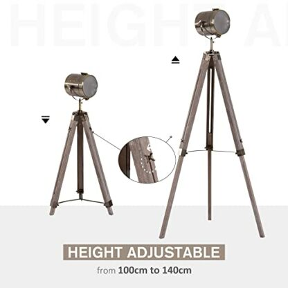 HOMCOM Industrial Tripod Floor Lamp, Nautical Searchlight with Adjustable Height, Wood Legs, E12 Lamp Base for Living Room, Bedroom - Image 4