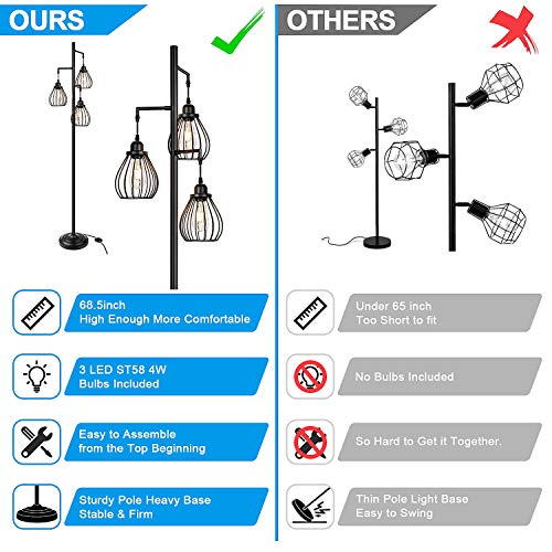 Industrial Floor Lamp for Living Room, Tree Floor Lamp with 3 Elegant Teardrop Cage Head& ST58 Edison LED Bulbs, Sturdy Base Tall Vintage Pole Light Great for Farmhouse Rustic Home Bedroom Office - Image 3