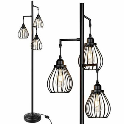Industrial Floor Lamp for Living Room, Tree Floor Lamp with 3 Elegant Teardrop Cage Head& ST58 Edison LED Bulbs, Sturdy Base Tall Vintage Pole Light Great for Farmhouse Rustic Home Bedroom Office 2 Industrial Floor Lamp for Living Room, Tree Floor Lamp with 3 Elegant Teardrop Cage Head& ST58 Edison LED Bulbs, Sturdy Base Tall Vintage Pole Light Great for Farmhouse Rustic Home Bedroom Office - Image 2
