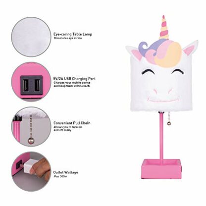 Inno Casa Table Lamp, Unicorn Plush Shade Desk Lamp with 2 USB Charging Ports and 1 Power Outlet, for Bedroom, Reading Room & Living Room for Kids - Image 4