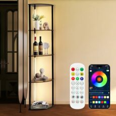 Izrielar LED Floor Lamp RGB with Shelves, 3 Layers Wooden Shelf Standing Light, Adjustable Brightness Corner Standing Lamp, 3 Color Temperature, Modern Reading Lamp for Bedroom, Living Room, Office