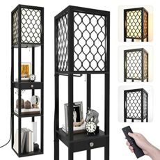 Jehiatek Floor Lamp with Shelves,3 Layers Wooden Shelf Standing Light with Remote,Modern Tall Floor Lamp with 3 Color TEM& Drawer for Bedroom, Living Room, Office, Home Decoration