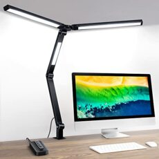 LED Desk Lamp with Clamp, Three Light Sources Clip on Lamp for Home Office, 20W Adjustable Arm Desk Light with Control Box and 1H Timer, Dimmable 4 Color Modes & 4 Brightness Eye-Caring Architect Lamp