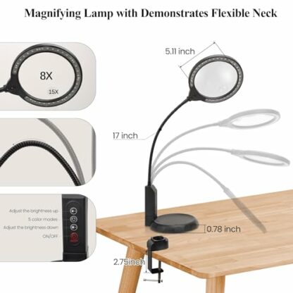 Magnifying Glass with Light and Stand, 15X & 8X Magnifying Lamp with Clamp, 5 Color Lighting Modes Stepless Dimmable LED Desk Lamp Hands Free for Crafts Hobby Reading Painting Sewing Close Work - Image 3