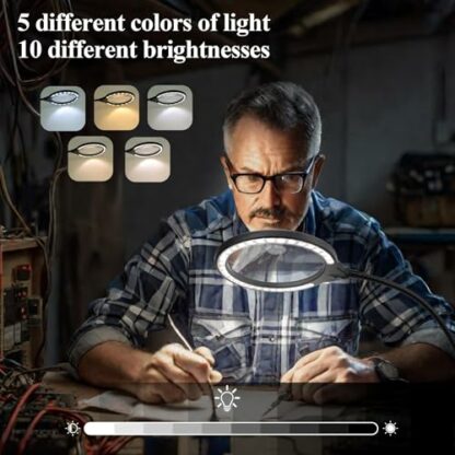 Magnifying Glass with Light and Stand, 15X & 8X Magnifying Lamp with Clamp, 5 Color Lighting Modes Stepless Dimmable LED Desk Lamp Hands Free for Crafts Hobby Reading Painting Sewing Close Work - Image 4