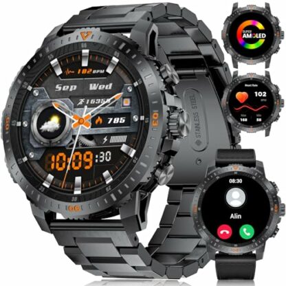 Military Smart Watch for Men Answer/Make Calls, 500mAH Outdoor Sport Fitness Tracker Watch with 100+ Sports Modes, 1.43"AMOLED Rugged Tactical Smartwatch for Android iOS with Heart Rate/Sleep Monitor - Image 2