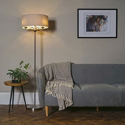 MiniSun Modern Chrome 3 Way Multi Arm Floor Lamp/Table Lamp with a Grey Linen Slimline Drum Shade - Image 4