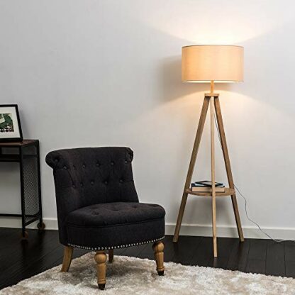 MiniSun Modern Light Wood Tripod Design Floor Lamp with Storage Shelf & Drum Shade - Image 4