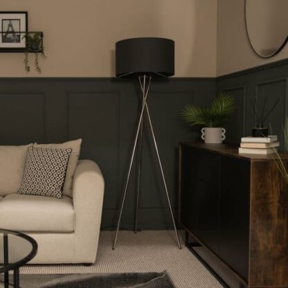 MiniSun Modern Polished Chrome Metal Tripod Floor Lamp with a Dark Grey Cylinder Shade - Image 3