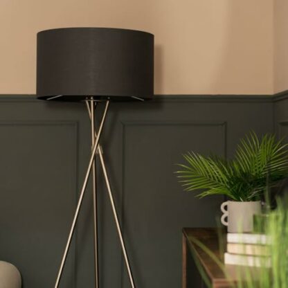 MiniSun Modern Polished Chrome Metal Tripod Floor Lamp with a Dark Grey Cylinder Shade - Image 4